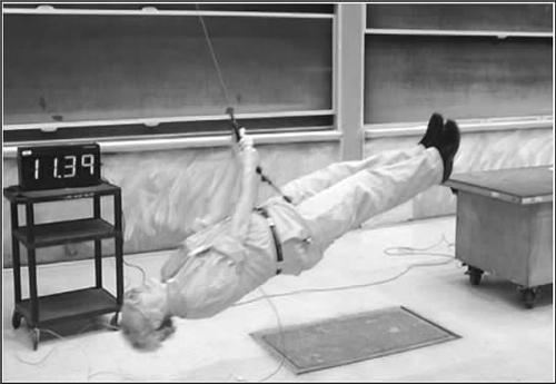 莱温教授把自己吊在绳索上来演示钟摆运动 莱温教授把自己吊在绳索上来演示钟摆运动