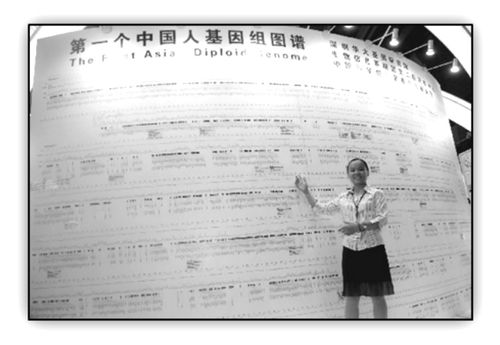 深圳华大基因研究院的讲解员在第九届高交会上向观众介绍“炎黄一号”基因组图谱
